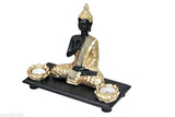 Brown polyresin wooden Buddha idol with tray (20x11x20 cm), peaceful meditation decor for home or office