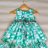Multicolor floral print cotton baby girl knee-length party dress with ruffles, fit & flare style for summer occasions or daily wear (Size 5-6 Years: 26 in; Size 6-7 Years: 28 in)