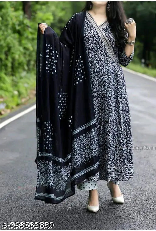 Royal Black Anarkali Kurta Set with Palazzos, rayon fabric, three-quarter sleeves. Women's traditional Indian clothing for various sizes, from XS to 7XL