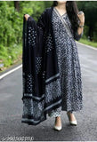 Royal Black Anarkali Kurta Set with Palazzos, rayon fabric, three-quarter sleeves. Women's traditional Indian clothing for various sizes, from XS to 7XL