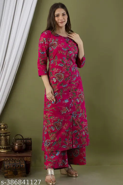 Rayon printed kurta with palazzo set in vibrant Indian prints, 100% rayon fabric, three-quarter sleeves, suitable for women sizes S to XXXL