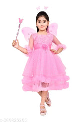 Pink embellished net party dress, three-quarter sleeves, girls' festive wear from India