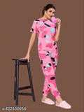 Printed polycotton nightsuit set for women, featuring short sleeves and a printed net pattern. Includes two sizes: S (36-24-32), M (38-24-34), L (40-24-36), XL (42-24-38). Made in India
