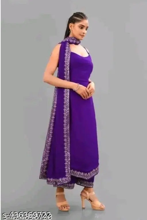 Purple embroidered Georgette A-Line Kurta with trousers & dupatta, sleeveless, single piece, up to size 44 full stitch with elastic, made in India