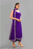 Purple embroidered Georgette A-Line Kurta with trousers & dupatta, sleeveless, single piece, up to size 44 full stitch with elastic, made in India