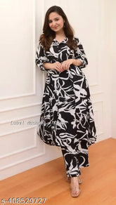 Grecilooks printed mandarin rayon top and pants set - Indian-inspired A-line kurta with full sleeve and collar, straight relaxed pants for western wear, summer ready co-ord sets