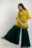 Printed rayon kurta sharara set with three-quarter sleeves, Indian fashion for women's clothing
