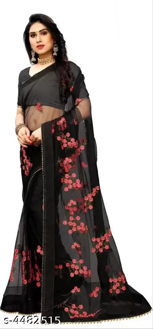 Net black embroidered saree with separate blouse, intricate Indian embroidery on free-size net fabric