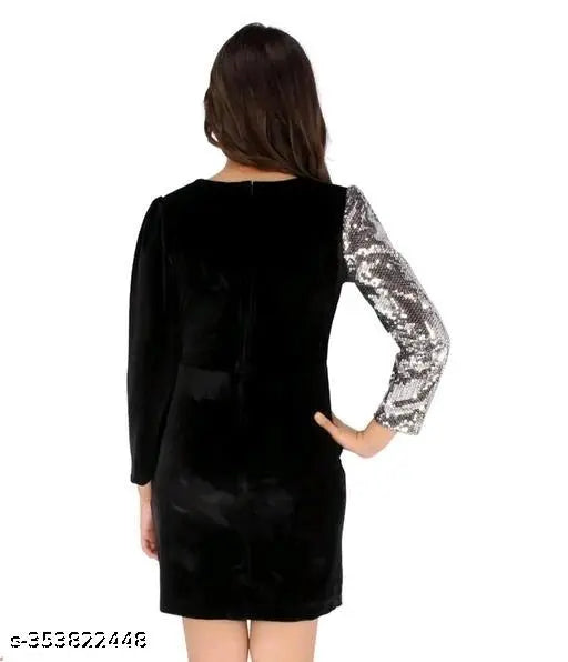 Embellished velvet V-neck black shift dress with three-quarter sleeves, ideal for girls' formal wear