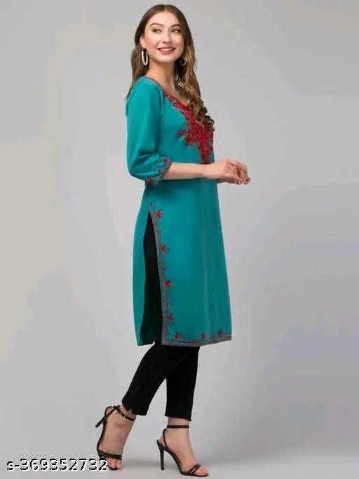 Wool three-quarter sleeve trending kurti for women & girls, solid color, M (40in bust, 42in length), India
