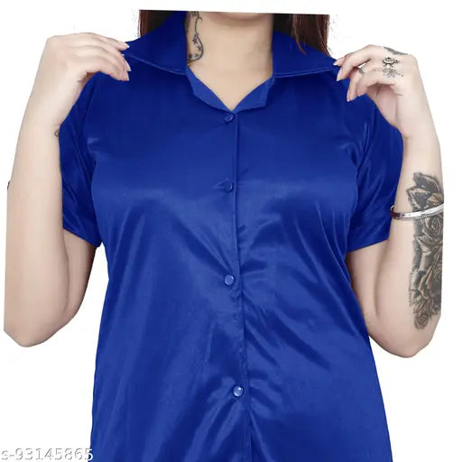Royal Blue satin collar nightsuit with half sleeves, luxury women's sleepwear from Jerry Nightwear (India)
