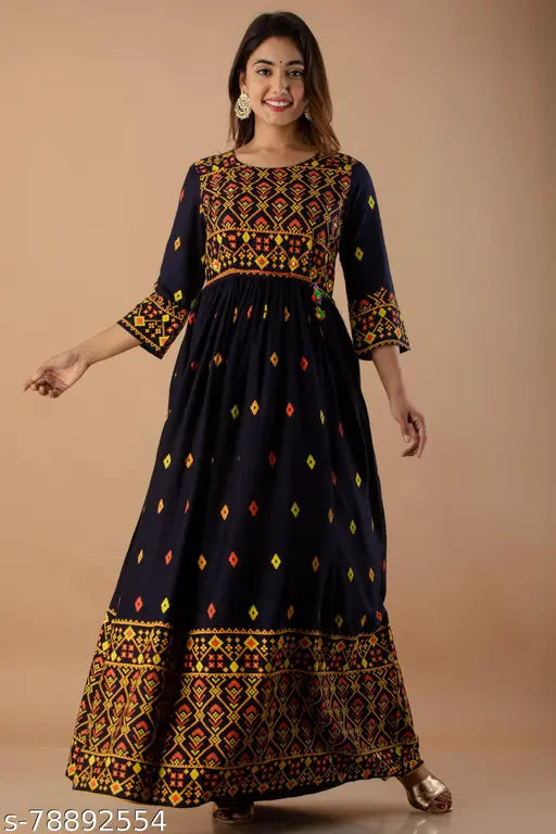 Black rayon printed Anarkali kurta gown for women, flared design with three-quarter sleeves