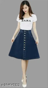 Navy Blue Denim A-Line Midi Skirt, lightweight & breathable, perfect for all body types and seasons