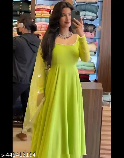 Georgette Comfy Fashionista women's gown, solid net, three-quarter sleeves - new Anarkali style from India