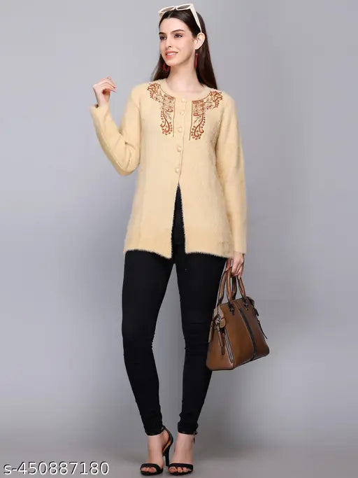 Embroidered net woolen cardigan sweater for women, long sleeves and gentle machine wash - India