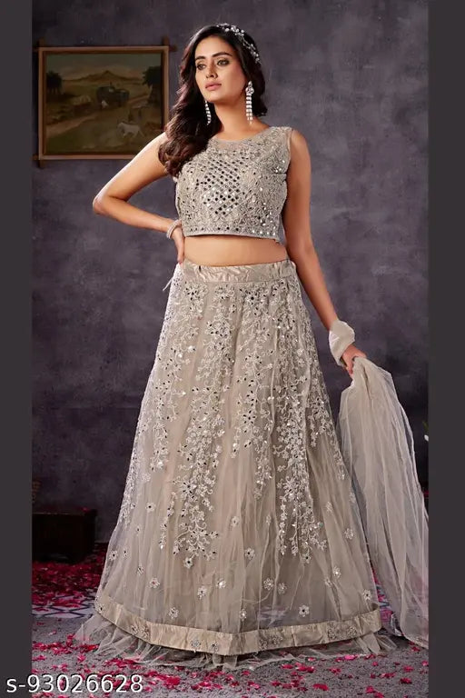 Hand-embroidered, heavy designer lehenga choli and dupatta (India) in net fabric with dori embroidery and stone work, free size (L), length 43 inches