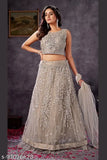 Hand-embroidered, heavy designer lehenga choli and dupatta (India) in net fabric with dori embroidery and stone work, free size (L), length 43 inches