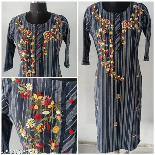 Navy blue stripes cotton straight kurta with heavy handwork, featuring embroidered navy stripes and three-quarter sleeves. Available in multiple sizes from M to 7XL for women