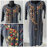 Navy blue stripes cotton straight kurta with heavy handwork, featuring embroidered navy stripes and three-quarter sleeves. Available in multiple sizes from M to 7XL for women