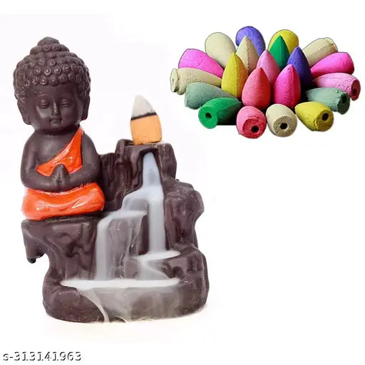 Resin Buddha backflow smoke fountain with 10 pcs cone incense, handcrafted polyresin statue for home decor and meditation, Made in India