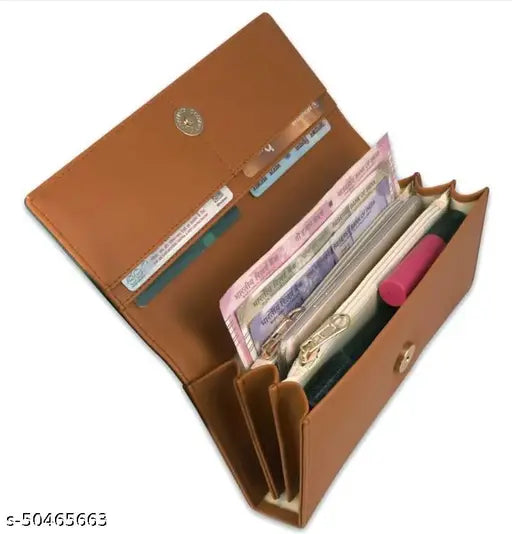 Faux leather hand clutch for women & girls, bronze tan colorblock design, lightweight with 5 compartments, magnetic closure