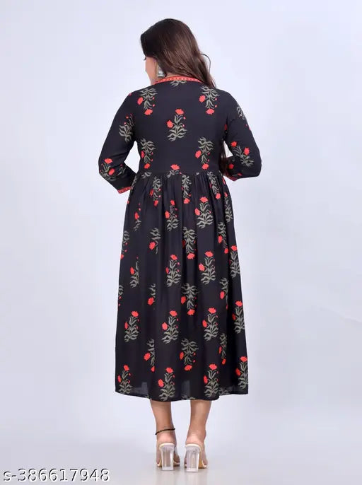 Black floral print cotton rayon anarkali kurta, trendy and elegant fashion statement for women