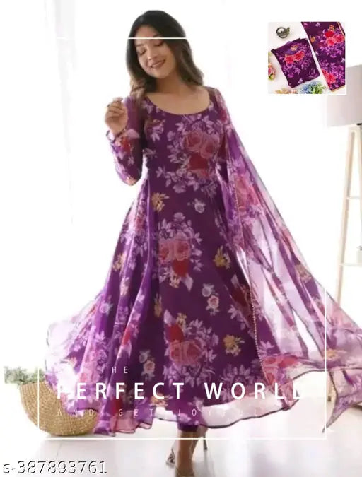 Georgette Anarkali Kurti with traditional print, three-quarter sleeves, and lace-adorned dupatta - Indian fashion for women