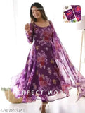 Georgette Anarkali Kurti with traditional print, three-quarter sleeves, and lace-adorned dupatta - Indian fashion for women