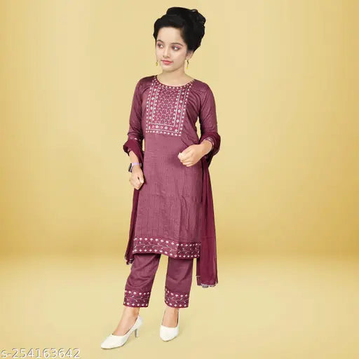Embroidered A-line salwar suit set, art silk top with chiffon dupatta for girls aged 6-8 years, India origin