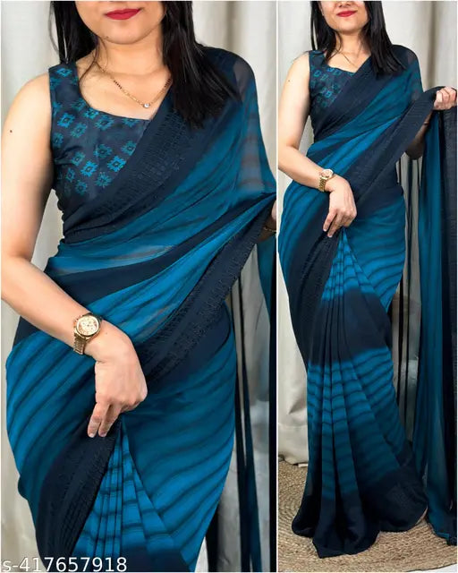 Multicolor Georgette Bollywood-style saree with striped printed net blouse, single size, India origin