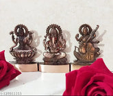 Antique copper Laxmi-Ganesh-Saraswati Indian art statues set (12cm), auspicious god idols for home spiritual lucky gift, office or car dashboard decoration