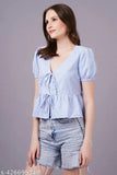 Blue polycotton striped half sleeve V-neck A-line blouse for women, perfect for casual wear or office settings