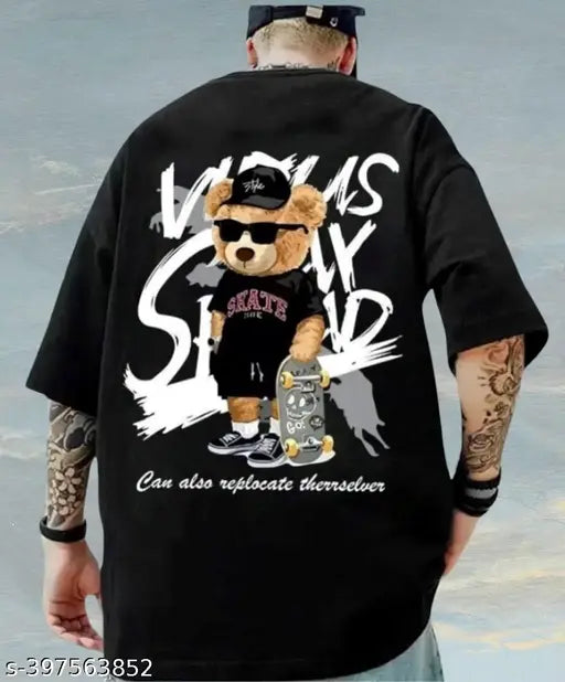 Oversize printed cotton T-shirt for men - vibrant back design, three-quarter sleeves, sizes M, L, XL, XXL