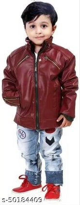 Leather solid-pattern boys' jacket & coat, 13-14 years size, comfortable winterwear for boys, India origin