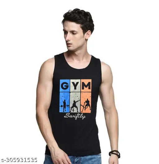 Black cotton sleeveless Swiftly Men's Fitness Regular Round T-shirt, printed design on display