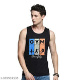 Black cotton sleeveless Swiftly Men's Fitness Regular Round T-shirt, printed design on display