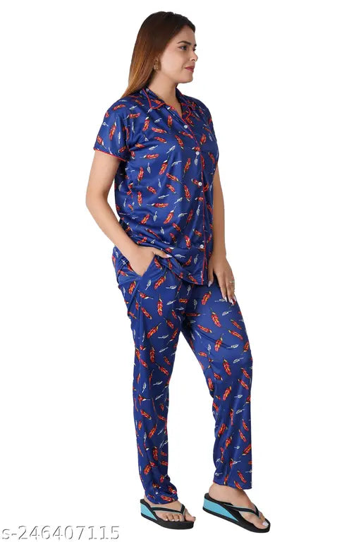 Stylish free-size satin Sarina printed pyjama set, premium quality satin material, comfortable and fashionable nightwear