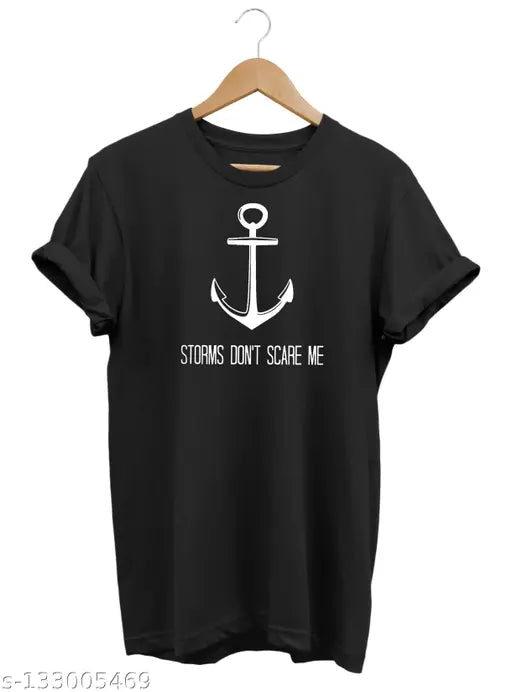Black cotton half-round neck tee featuring a printed anchor design for men, classic and comfortable, size S (26 in)