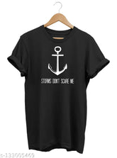 Black printed anchor design men's half round neck cotton tee, classic fit for S, M, L, XL (Sizes: S-26in, M-27in, L-28in, XL-29in)