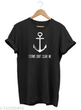 Black cotton half-round neck tee featuring a printed anchor design for men, classic and comfortable, size S (26 in)