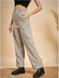 Cotton blend women's cargo pant, comfortable and fashionable, in solid colors. Sizes: 26 (waist 26, length 36, hip 26), 28 (waist 28, length 37, hip 28), 30 (waist 30, length 37, hip 30), 32 (waist 32, length 38, hip 32), 34 (waist 34, length 38, hip 34). Women's jogger-style bell bottom cargo pant