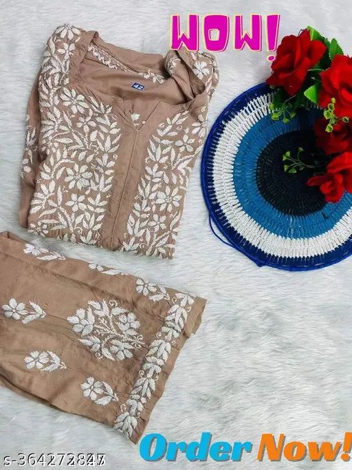 Embroidered rayon kurta and palazzo set, three-quarter sleeves, India-origin chikankari work with dupatta