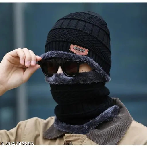 Grey woolen beanie cap & gloves set for extra cold protection (HIGHEX Trendy). Winter accessory combo for men & women