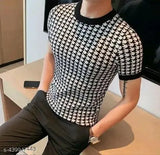 Men's cotton blend party T-shirt with short sleeves, printed design. Size M, chest size 38in, length size 25in. Made in India