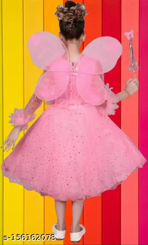 Pink net princess dress for baby girls with fairy wings & hairband, embroidered design, Indian origin
