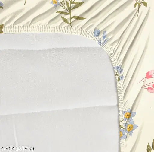Cream cotton fitted bedsheets, premium quality with 2 king size pillow covers, floral print, 72x78+8 inches, ideal for adult summer use, DWORTH brand