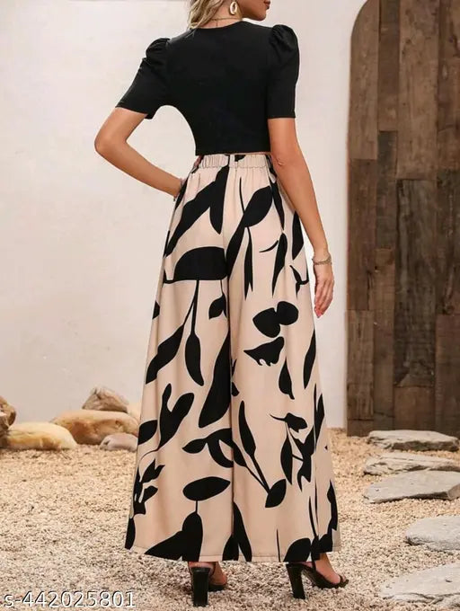 Printed polyester high waist wide leg coord set for women, floral print spring and fall fashion