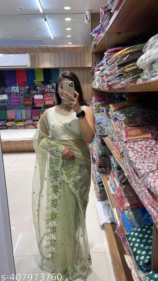 Heavy super net fabric saree with banglore silk blouse, solid pattern, multi-thread embroidery work, cutwork border on pallu and skirt, tassels, free size, Indian origin