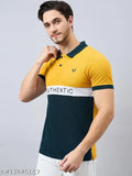 Men's cotton blend colorblock half sleeves polo neck t-shirt, printed pattern, short sleeves. Classic look with denim jeans for a bold black-on-denim style, perfect casual wear. Made in India