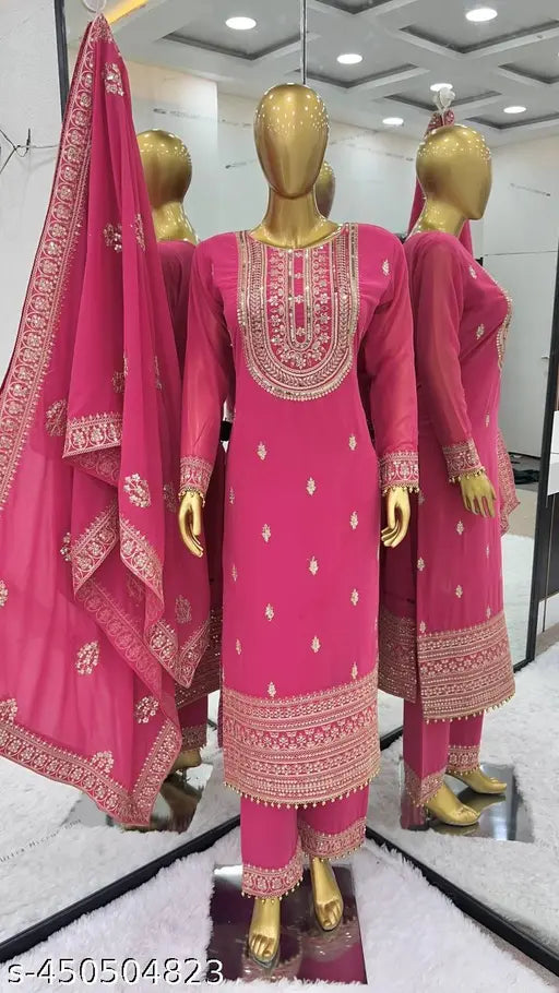 Faux Georgette heavy embroidery designer kurta set with dupatta and bottomwear, print pattern, ready-to-wear in three-quarter sleeves